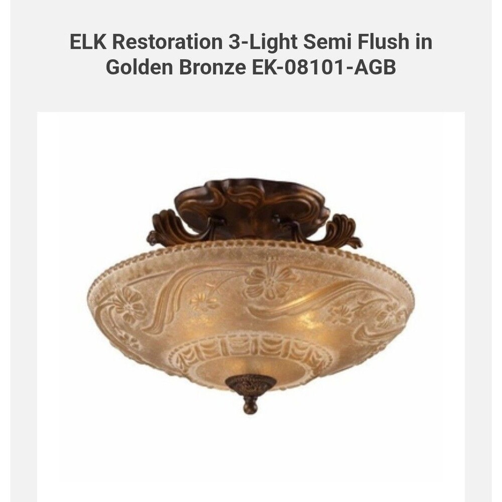 ELK Restoration 3-Light Semi Flush Copper Golden Bronze Amber Glass EK-08101-AGB